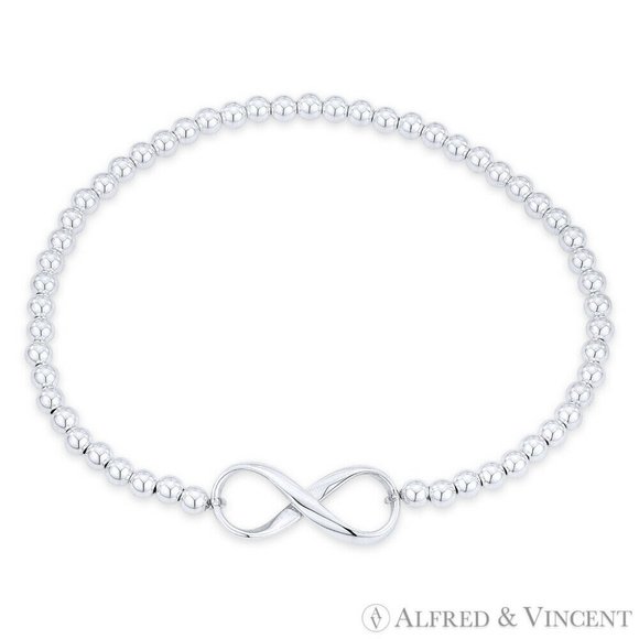 Infinity Symbol Figure 8 Charm Ball Bead Stretch Bracelet in 925 Sterling Silver - Picture 1 of 1